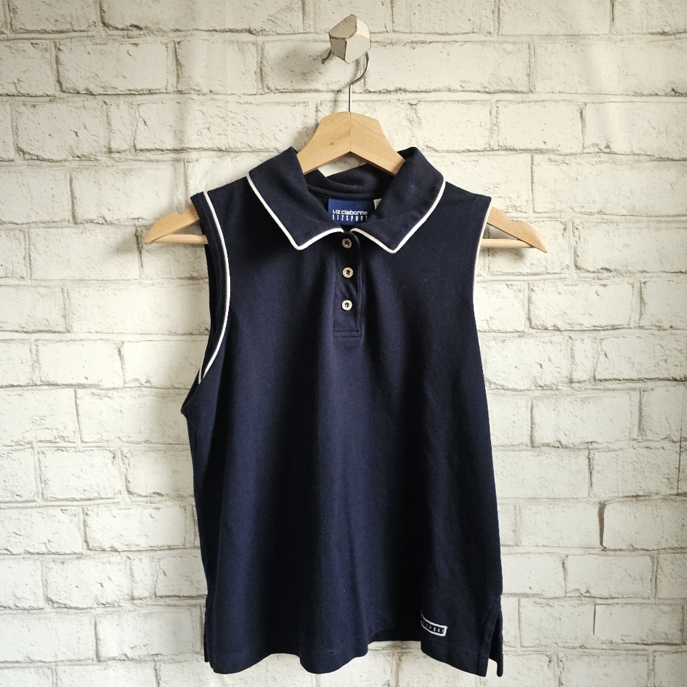 ☆ VINTAGE Liz Sport Sleeveless Navy Polo, S ☆